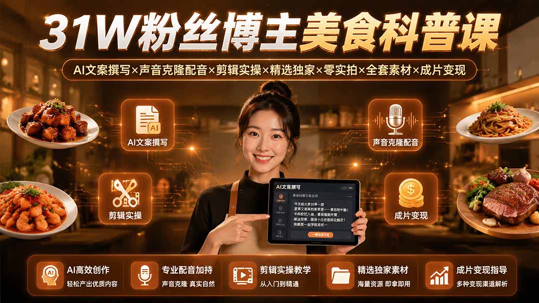 (19558期)31W粉丝博主美食科普课:AI文案撰写×声音克隆配音×剪辑实操×精选独家×零实拍×全套素材×成片变现-悟空知识星球