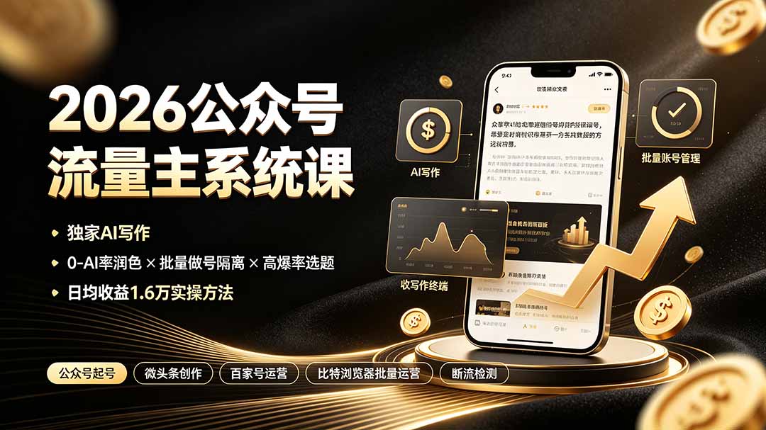 (19405期)2026公众号流量主系统课:独家AI写作×0-AI率润色×批量做号隔离×高爆率选题,日均收益1.6万实操方法-悟空知识星球