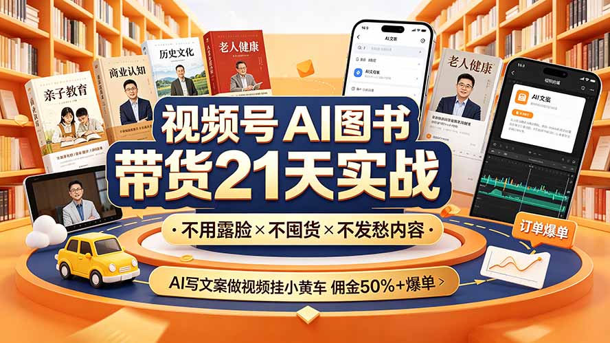 （19476期）视频号AI图书带货21天实战：不用露脸×不囤货×不发愁内容，AI写文案做视频挂小黄车，佣金50%+爆单-悟空知识星球