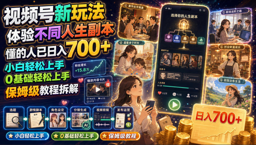 视频号新玩法体验不同人生副本,懂的人已日入700+,小白轻松上手,0基础轻松上手,保姆级教程拆解-悟空知识星球