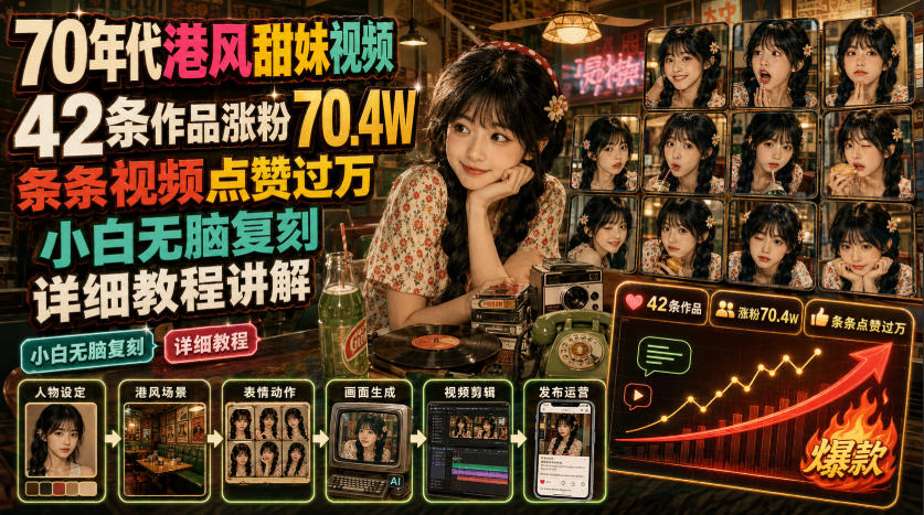 70年代港风甜妹视频,42条作品涨粉70.4W,条条视频点赞过万,小白无脑复刻,详细教程讲解-悟空知识星球