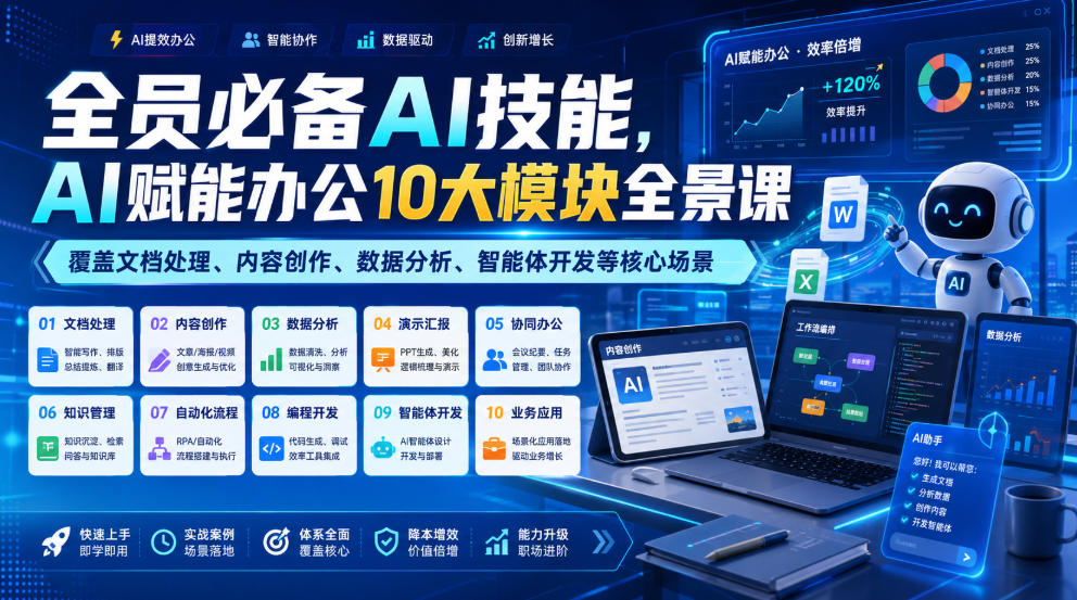 全员必备AI技能,AI赋能办公10大模块全景课,覆盖文档处理、内容创作、数据分析、智能体开发等核心场景-悟空知识星球