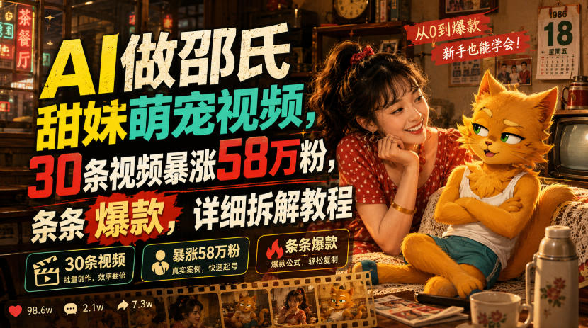 AI做邵氏甜妹萌宠视频，30条视频暴涨58万粉，条条爆款，详细拆解教程-悟空知识星球