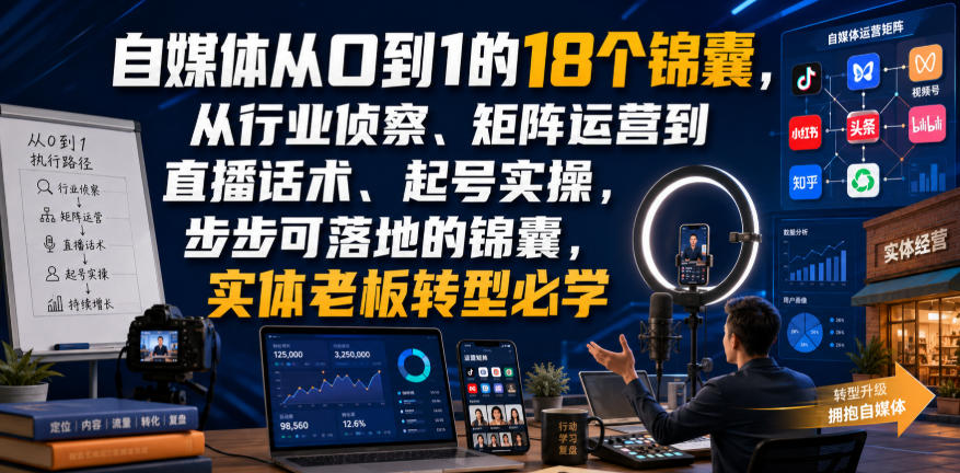 自媒体从0到1的18个锦囊,从行业侦察、矩阵运营到直播话术、起号实操,步步可落地的锦囊,实体老板转型必学-悟空知识星球