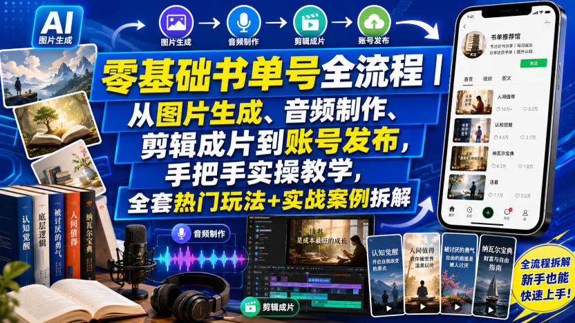 零基础书单号全流程|从图片生成、音频制作、剪辑成片到账号发布,手把手实操教学,全套热门玩法+实战案例拆解-悟空知识星球