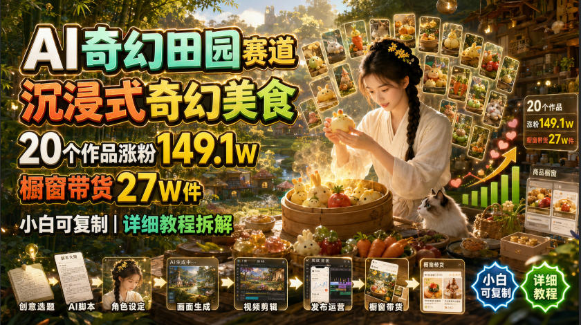 AI奇幻田园赛道,沉浸式奇幻美食,20个作品涨粉149.1W,橱窗带货27W件,小白可复制,详细教程拆解-悟空知识星球