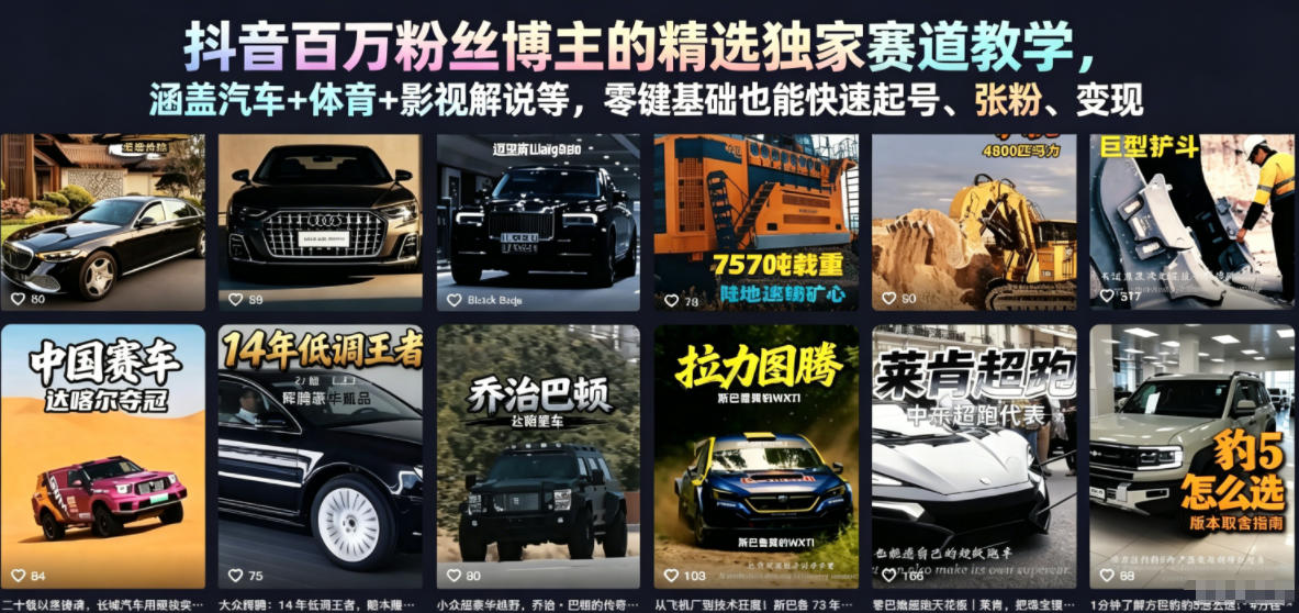 抖音百万粉丝博主的精选独家赛道教学，涵盖汽车+体育+影视解说等，零基础也能快速起号、涨粉、变现（更新0701）-悟空知识星球
