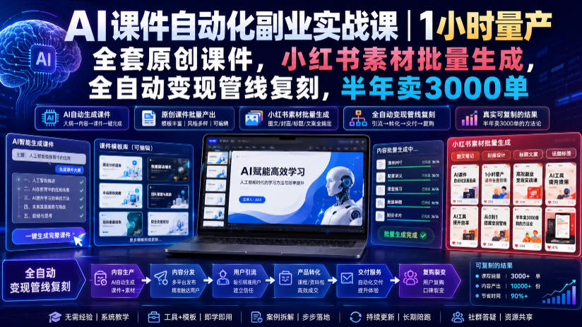 AI课件自动化副业实战课｜1小时量产全套原创课件，小红书素材批量生成，全自动变现管线复刻，半年卖3000单-悟空知识星球