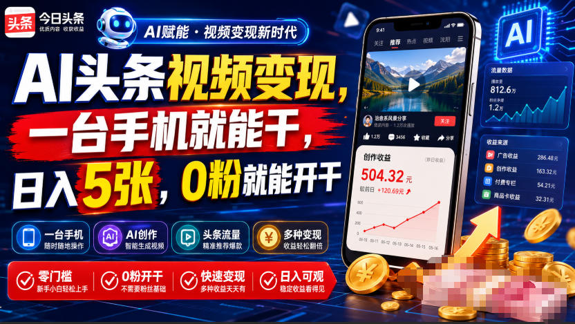 AI头条视频变现，一台手机就能干，日入5张，0粉就能开干-悟空知识星球