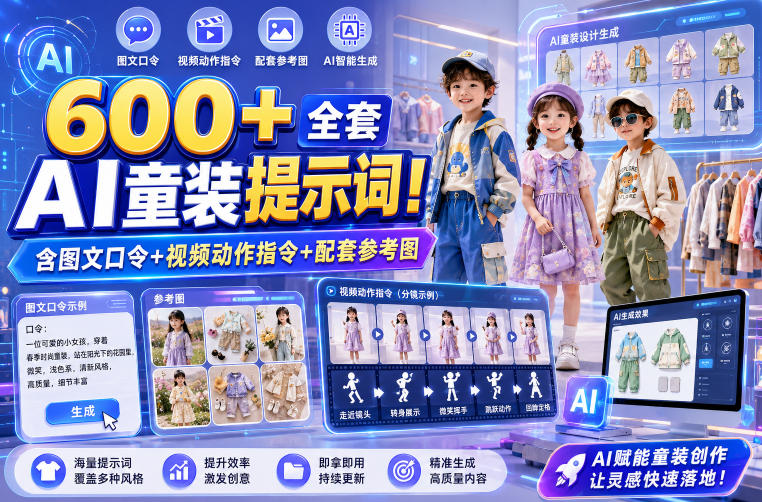 600+全套AI童装提示词！含图文口令+视频动作指令+配套参考图，Word-Excel规整分类，童装电商、种草无脑量产内容！-悟空知识星球