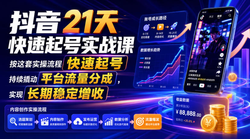 抖音21天快速起号实战课,按这套实操流程快速起号,持续撬动平台流量分成,实现长期稳定增收-悟空知识星球