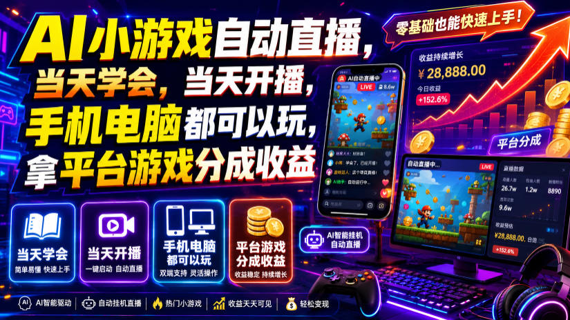 AI小游戏自动直播,当天学会,当天开播,手机电脑都可以玩,拿平台游戏分成收益-悟空知识星球