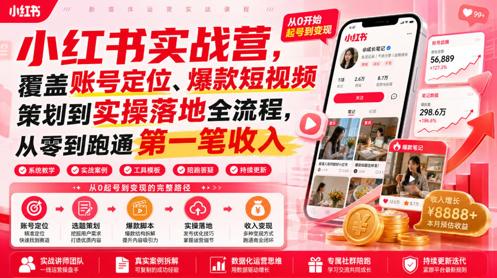 小红书实战营，覆盖账号定位、爆款短视频策划到实操落地全流程，从零到跑通第一笔收入-悟空知识星球