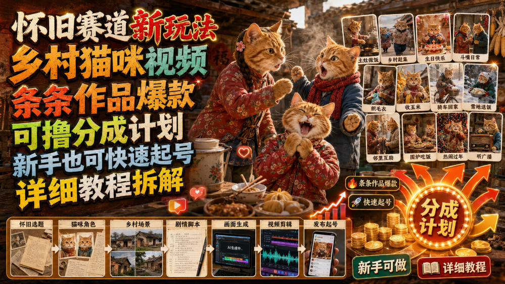 怀旧赛道新玩法，乡村猫咪视频，条条作品爆款，可撸分成计划，新手也可快速起号，详细教程拆解-悟空知识星球