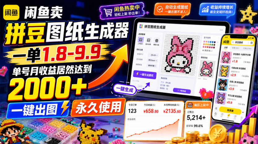 闲鱼卖拼豆图纸生成器，一单1.8-9.9，单号月收益居然达到2000+一键出图永久使用-悟空知识星球