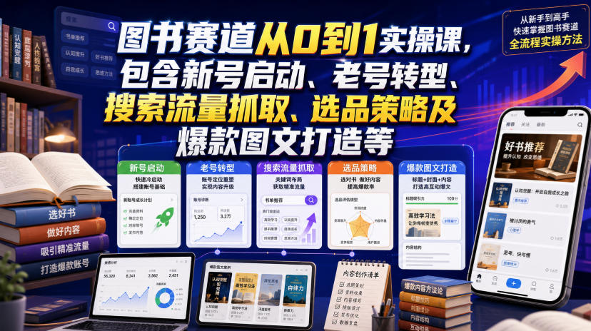 图书赛道从0到1实操课,包含新号启动、老号转型、搜索流量抓取、选品策略及爆款图文打造等-悟空知识星球