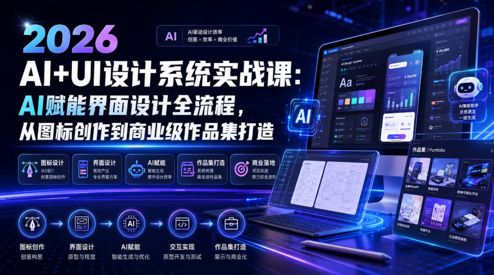 2026 AI+UI设计系统实战课:AI赋能界面设计全流程,从图标创作到商业级作品集打造-悟空知识星球