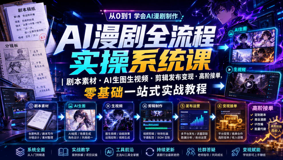 AI漫剧全流程实操系统课|剧本素材・AI生图生视频・剪辑发布变现・高阶接单,零基础一站式实战教程-悟空知识星球