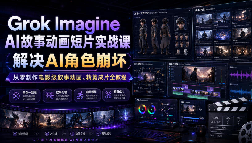 Grok Imagine AI故事动画短片实战课|解决AI角色崩坏,从零制作电影级叙事动画、精剪成片全教程(中英字幕)-悟空知识星球
