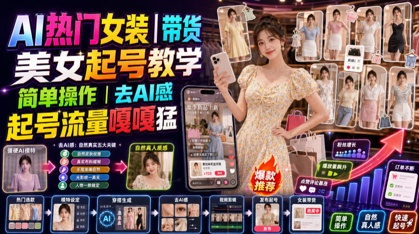 AI热门女装带货丨美女起号教学，简单操作，去AI感，起号流量嘎嘎猛-悟空知识星球