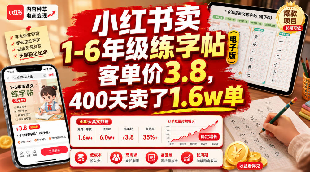 小红书卖1-6年级练字帖（电子版），客单价3.8，400天卖了1.6w单-悟空知识星球