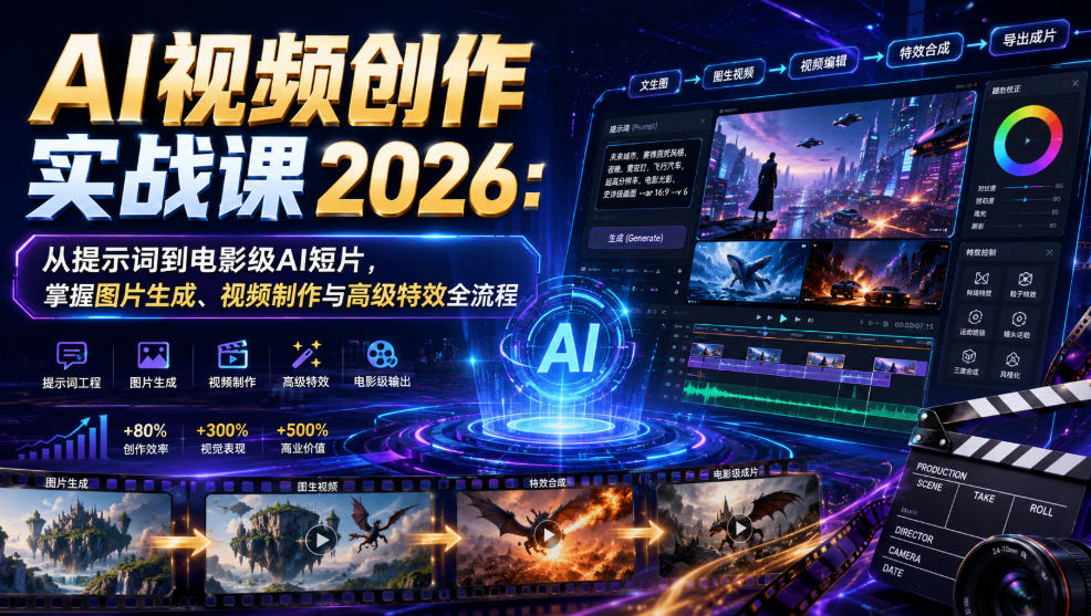 AI视频创作实战课2026:从提示词到电影级AI短片,掌握图片生成、视频制作与高级特效全流程-悟空知识星球