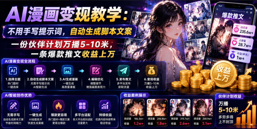 AI漫画变现教学:不用手写提示词,自动生成脚本文案,一份伙伴计划万播5-10米,一条爆款推文收益上W-悟空知识星球