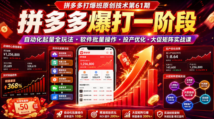 拼多多打爆班原创技术第61期,拼多多爆打一阶段,自动化起量全玩法・软件批量操作・投产优化・大促矩阵实战课-悟空知识星球