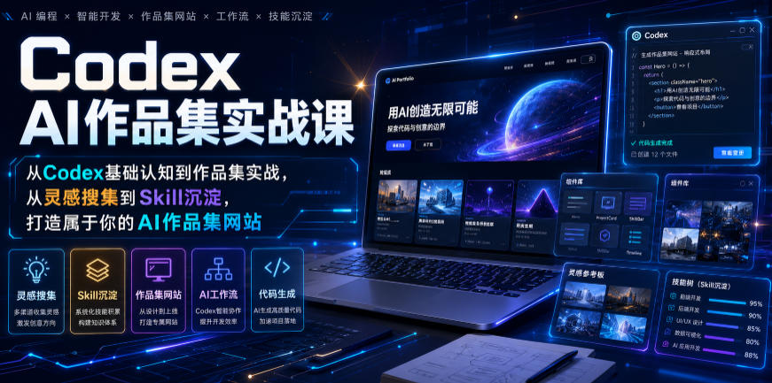 Codex AI作品集实战课,从Codex基础认知到作品集实战,从灵感搜集到Skill沉淀,打造属于你的AI作品集网站-悟空知识星球