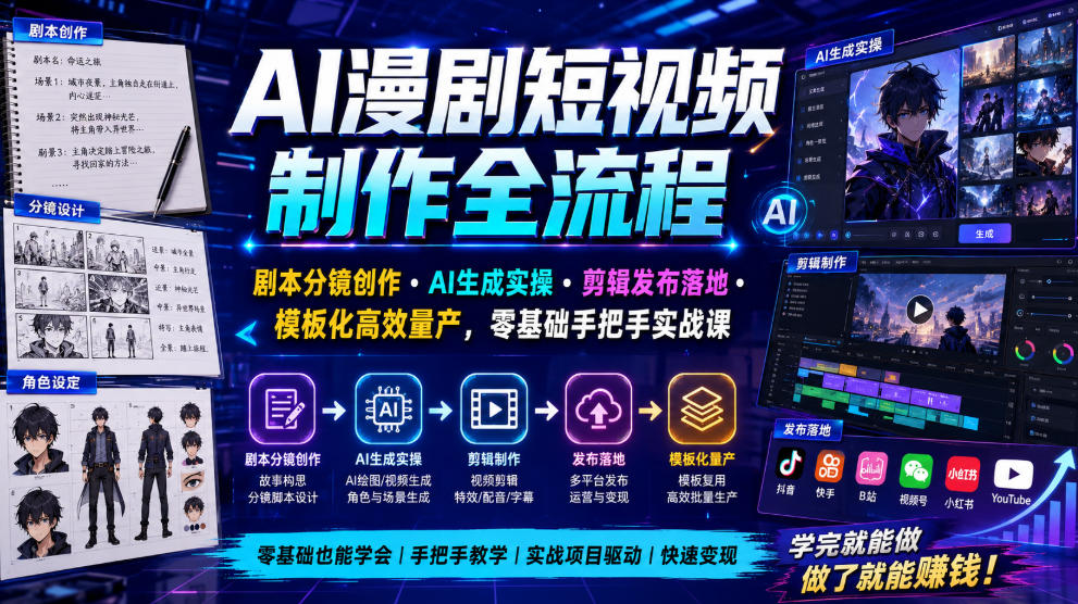 AI漫剧短视频制作全流程|剧本分镜创作・AI生成实操・剪辑发布落地・模板化高效量产,零基础手把手实战课-悟空知识星球