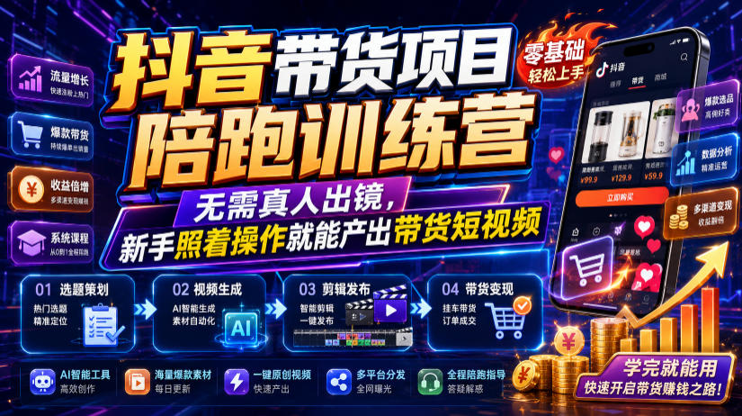 抖音带货项目陪跑训练营,无需真人出镜,新手照着操作就能产出带货短视频-悟空知识星球