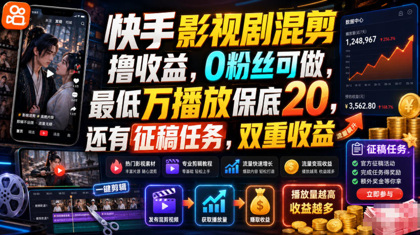 快手影视剧混剪撸收益,0粉丝可做,最低万播放保底20,还有征稿任务,双重收益-悟空知识星球