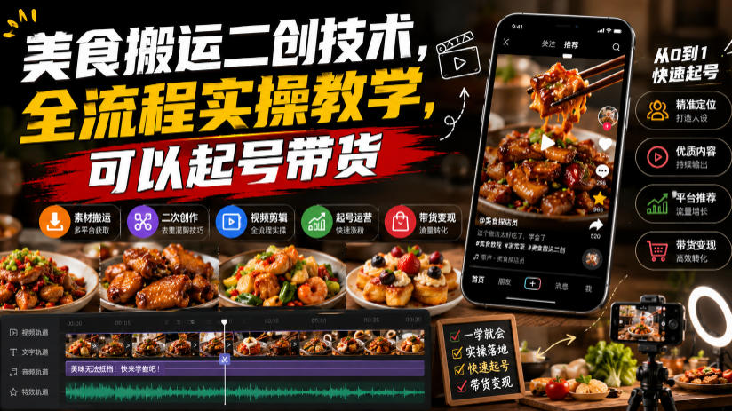 美食搬运二创技术,全流程实操教学,可以起号带货-悟空知识星球