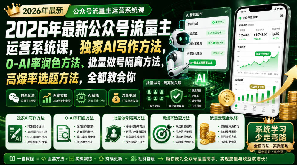 2026年最新公众号流量主运营系统课,独家AI写作方法,0-AI率润色方法、批量做号隔离方法、高爆率选题方法,全都教会你-悟空知识星球