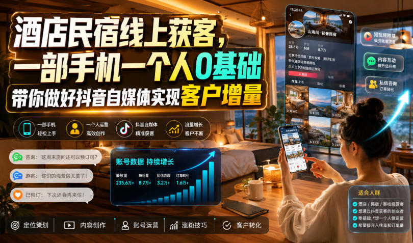 酒店民宿线上获客，一部手机一个人0基础带你做好抖音自媒体实现客户增量-悟空知识星球