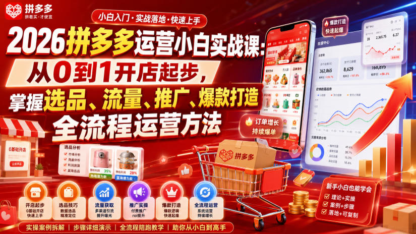 2026拼多多运营小白实战课:从0到1开店起步,掌握选品、流量、推广、爆款打造全流程运营方法-悟空知识星球