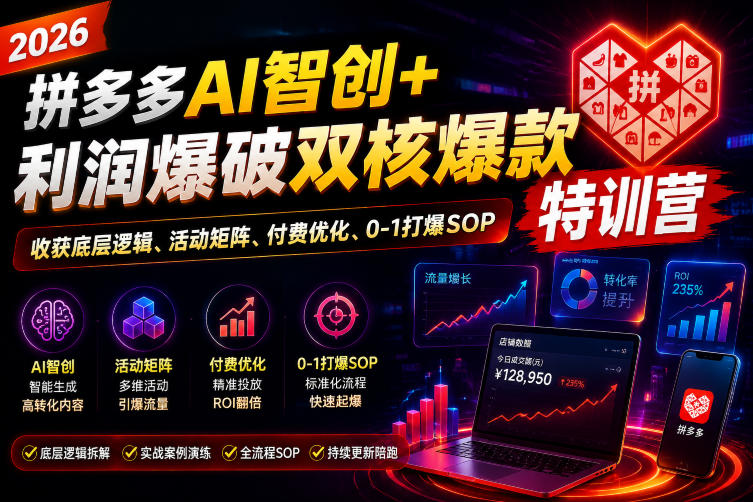 2026拼多多AI智创+利润爆破双核爆款特训营，收获底层逻辑、活动矩阵、付费优化、0-1打爆SOP-悟空知识星球
