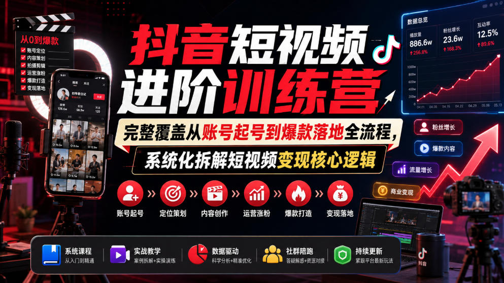 抖音短视频进阶训练营,完整覆盖从账号起号到爆款落地全流程,系统化拆解短视频变现核心逻辑-悟空知识星球