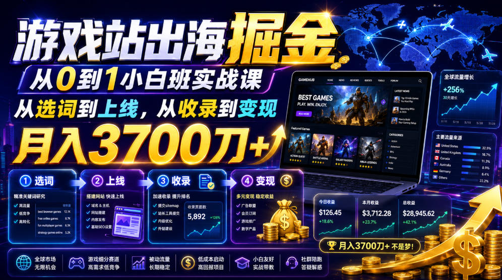游戏站出海掘金从0到1小白实战课，从选词到上线，从收录到变现，月入3700刀+-悟空知识星球