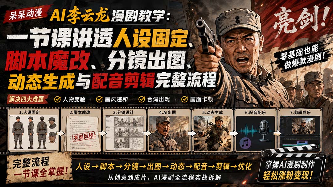 (20107期)呆呆动漫AI李云龙漫剧教学:一节课讲透人设固定、脚本魔改、分镜出图、动态生成与配音剪辑完整流程-悟空知识星球