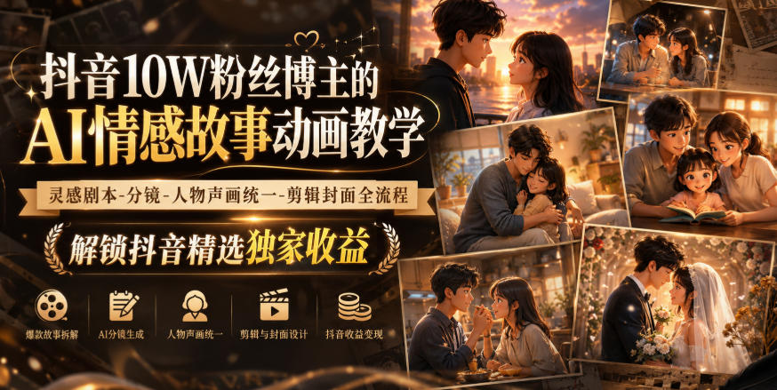 抖音10W粉丝博主的AI情感故事动画教学,灵感剧本‑分镜‑人物声画统一‑剪辑封面全流程,解锁抖音精选独家收益-悟空知识星球
