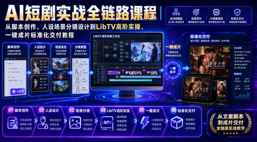 AI短剧实战全链路课程|从脚本创作、人设场景分镜设计到LibTV高阶实操、一键成片标准化交付教程-悟空知识星球