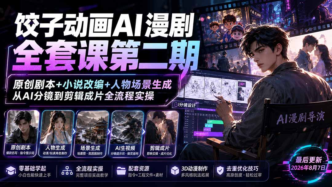 （19910期）饺子动画AI漫剧全套课第二期：原创剧本+小说改编+人物场景生成，从AI分镜到剪辑成片全流程实操-悟空知识星球