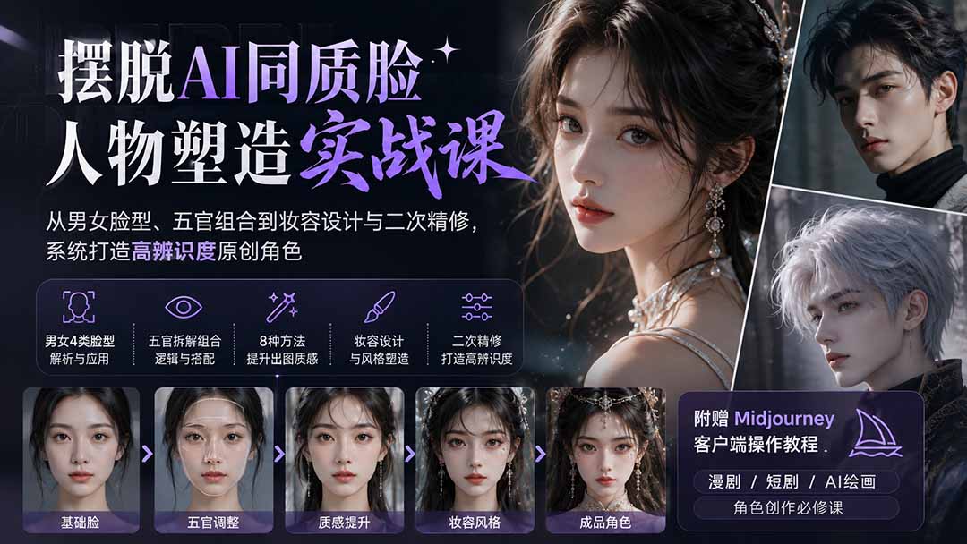 (20006期)摆脱AI同质脸人物塑造实战课:从男女脸型、五官组合到妆容设计与二次精修,系统打造高辨识度原创角色-悟空知识星球