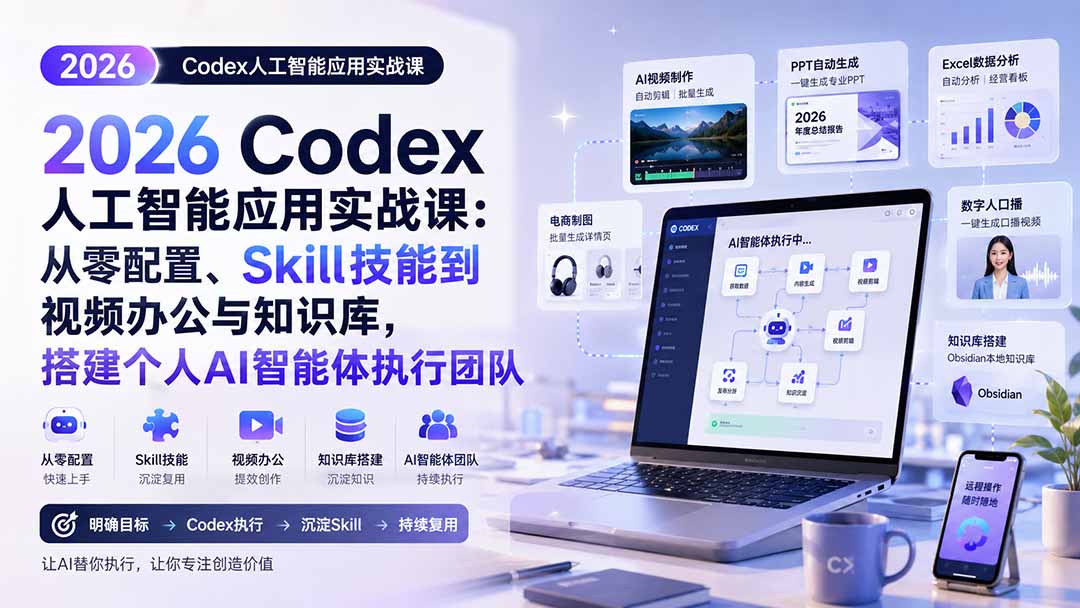 （20067期）2026 Codex人工智能应用实战课：从零配置、Skill技能到视频办公与知识库，搭建个人AI智能体执行团队-悟空知识星球