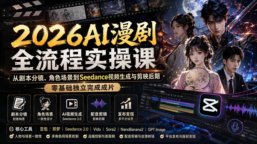 （20042期）2026AI漫剧全流程实操课：从剧本分镜、角色场景到Seedance视频生成与剪映后期，零基础独立完成成片-悟空知识星球