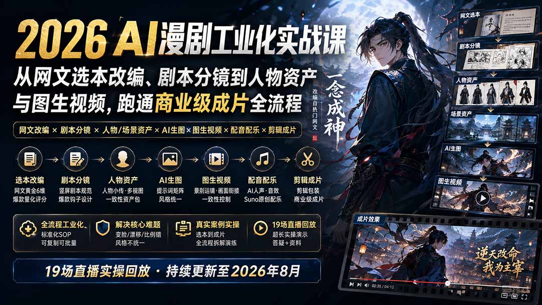 （20068期）2026 AI漫剧工业化实战课-更新：从网文选本改编、剧本分镜到人物资产与图生视频，跑通商业级成片全流程-悟空知识星球