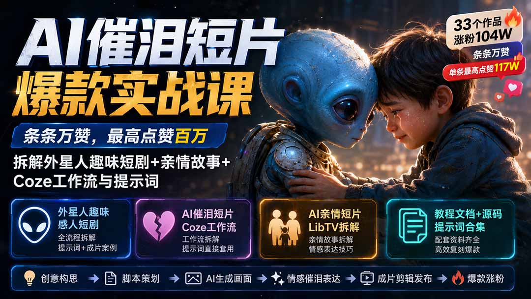 (20038期)AI催泪短片爆款实战课:条条万赞,最高点赞百万,拆解外星人趣味短剧+亲情故事+Coze工作流与提示词-悟空知识星球
