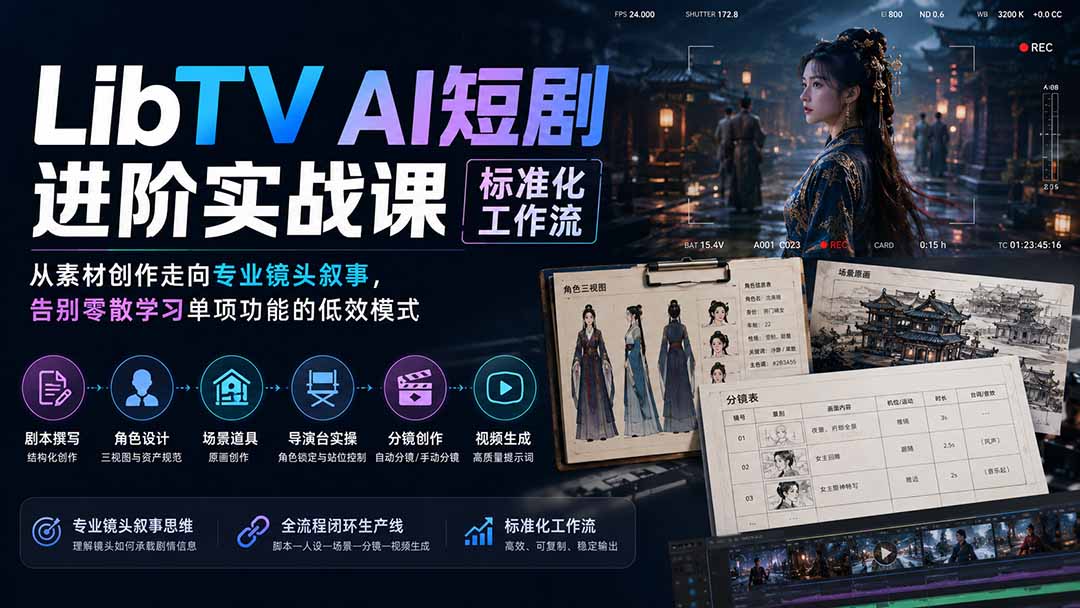 （19836期）LibTV AI短剧进阶实操课标准化工作流；从素材创作走向专业镜头叙事，告别零散学习单项功能的低效模式-悟空知识星球