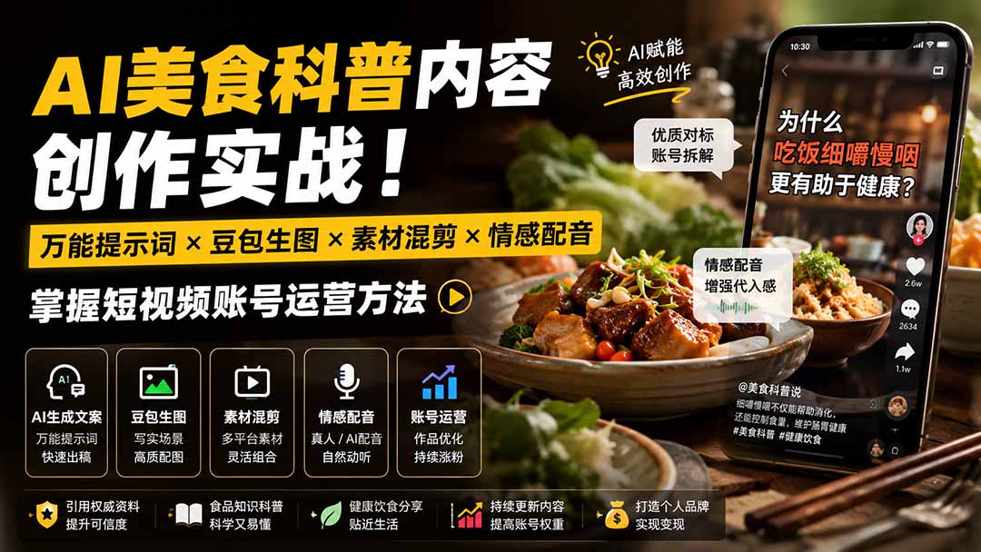 （19730期）外面卖199元-AI美食科普内容创作实战！万能提示词×豆包生图×素材混剪×情感配音，掌握短视频账号运营方法-悟空知识星球